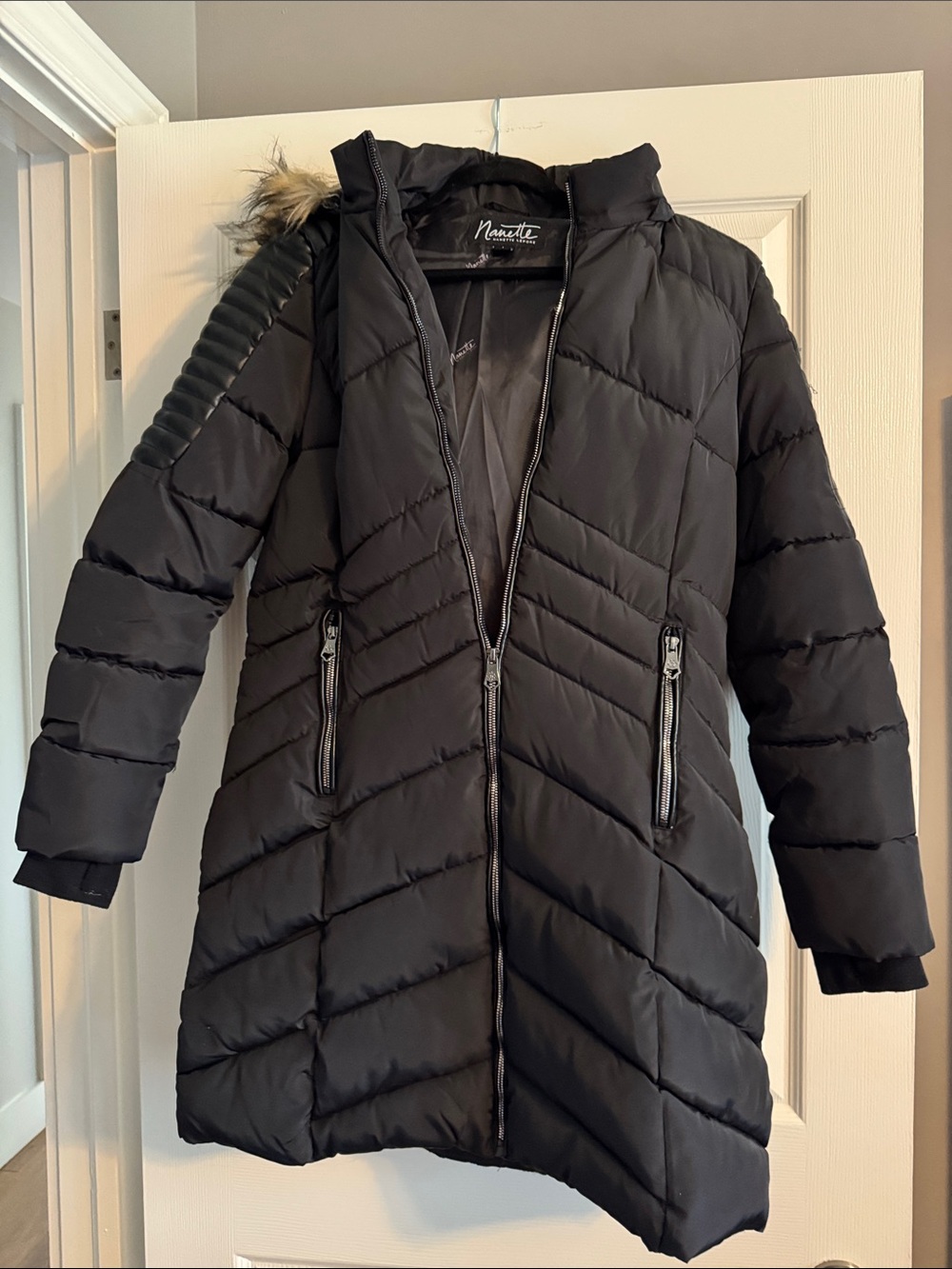 Nanette Lepore Black Quilted Long Puffer Coat with Faux Fur Hood